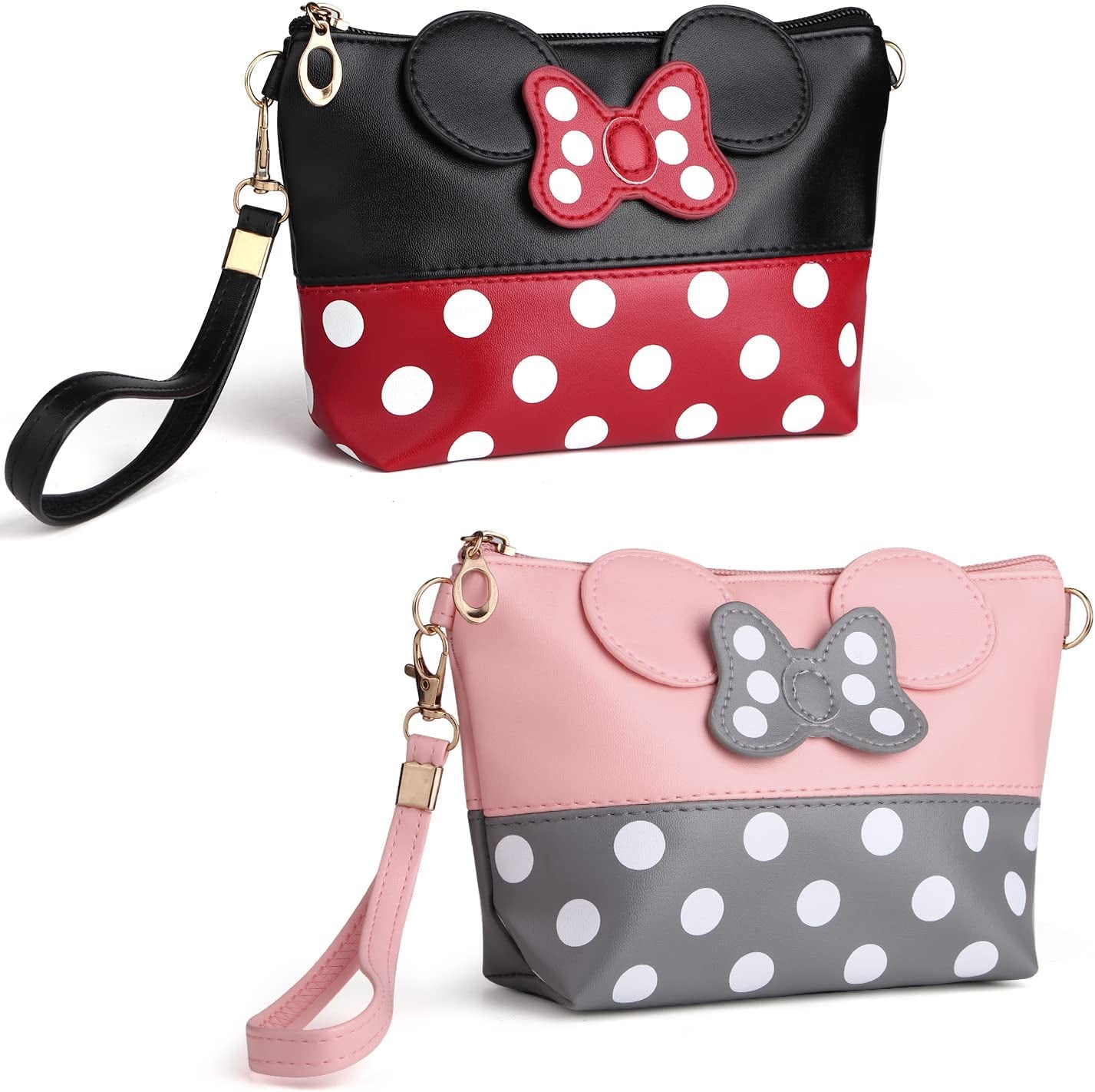 2 Pack Cartoon Leather Travel Makeup Handbag, Cute Portable Cosmetic Bag Toiletry Pouch for Women Teen Girls Kids(Pink&Black)