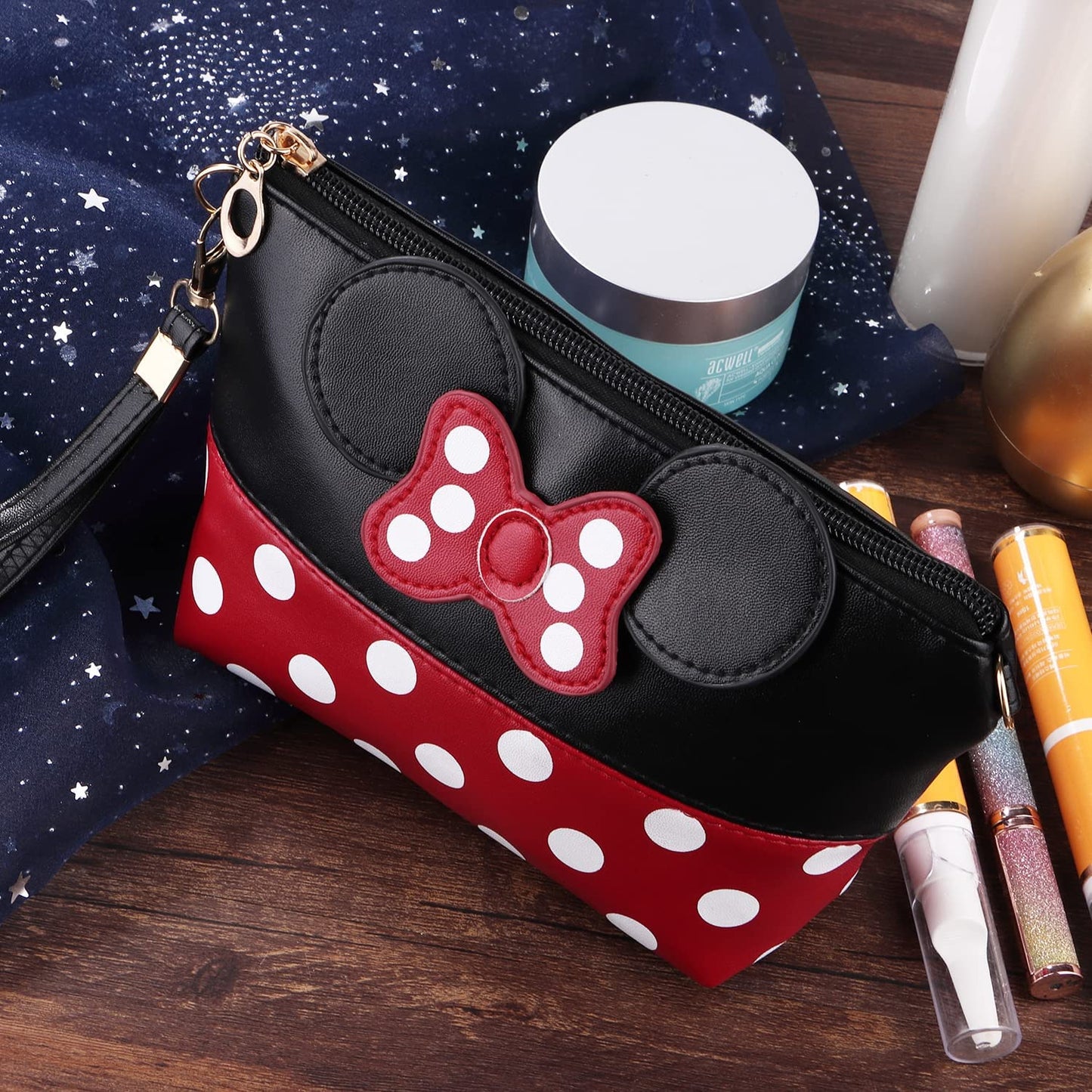 2 Pack Cartoon Leather Travel Makeup Handbag, Cute Portable Cosmetic Bag Toiletry Pouch for Women Teen Girls Kids(Pink&Black)