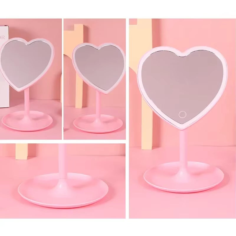 Heart Shape LED Makeup Mirror with 3 Colors Lighting and Stand Desktop Rechargeable Cosmetic Vanity Mirror Portable Lighted