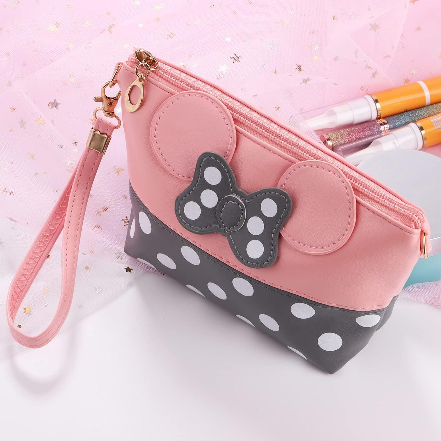 2 Pack Cartoon Leather Travel Makeup Handbag, Cute Portable Cosmetic Bag Toiletry Pouch for Women Teen Girls Kids(Pink&Black)