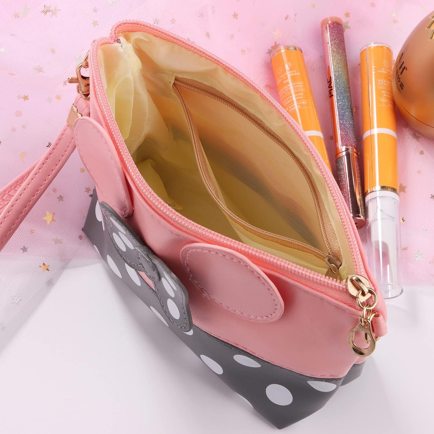 2 Pack Cartoon Leather Travel Makeup Handbag, Cute Portable Cosmetic Bag Toiletry Pouch for Women Teen Girls Kids(Pink&Black)