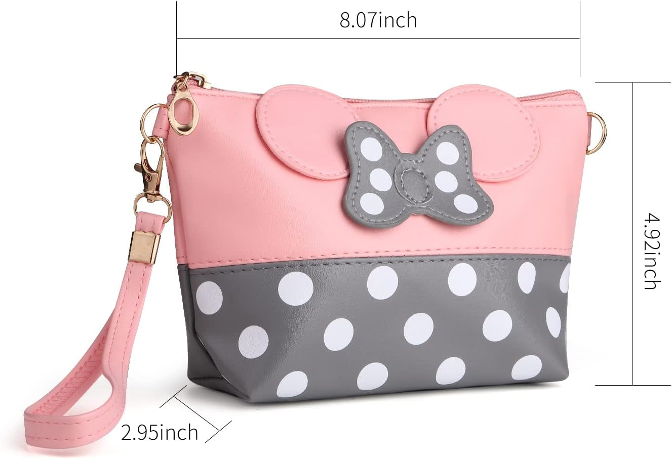 2 Pack Cartoon Leather Travel Makeup Handbag, Cute Portable Cosmetic Bag Toiletry Pouch for Women Teen Girls Kids(Pink&Black)