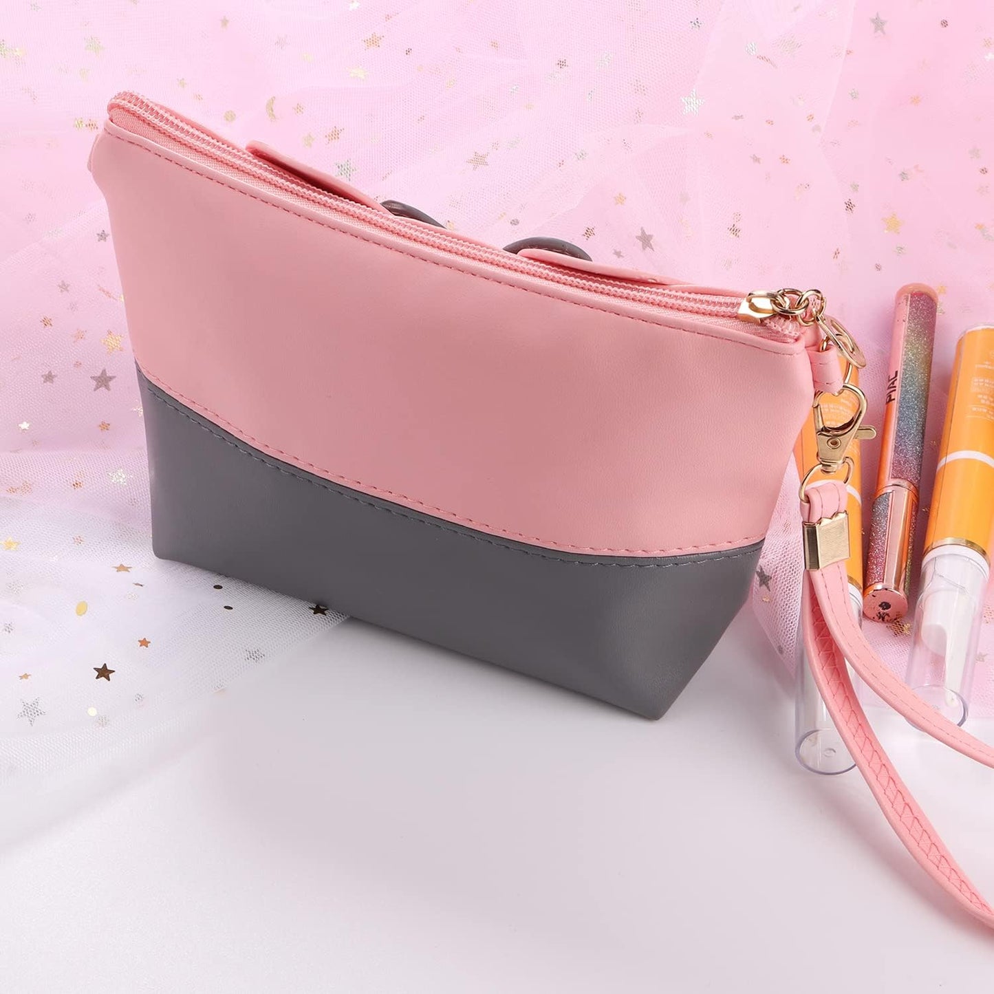 2 Pack Cartoon Leather Travel Makeup Handbag, Cute Portable Cosmetic Bag Toiletry Pouch for Women Teen Girls Kids(Pink&Black)