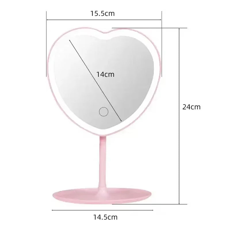 Heart Shape LED Makeup Mirror with 3 Colors Lighting and Stand Desktop Rechargeable Cosmetic Vanity Mirror Portable Lighted