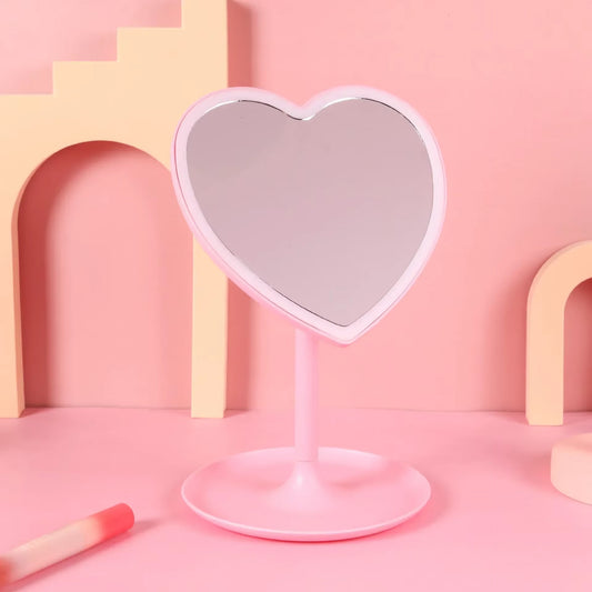 Heart Shape LED Makeup Mirror with 3 Colors Lighting and Stand Desktop Rechargeable Cosmetic Vanity Mirror Portable Lighted